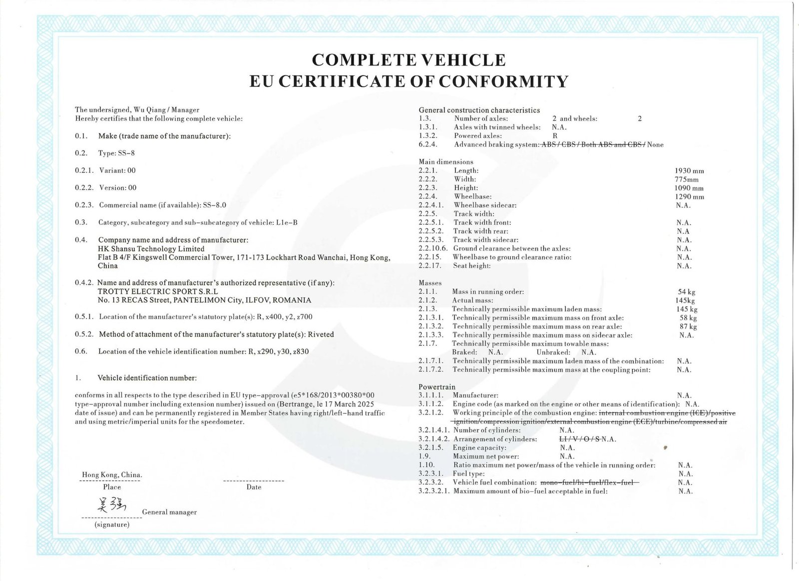 SS-8 45km Speed COC Certificate 1